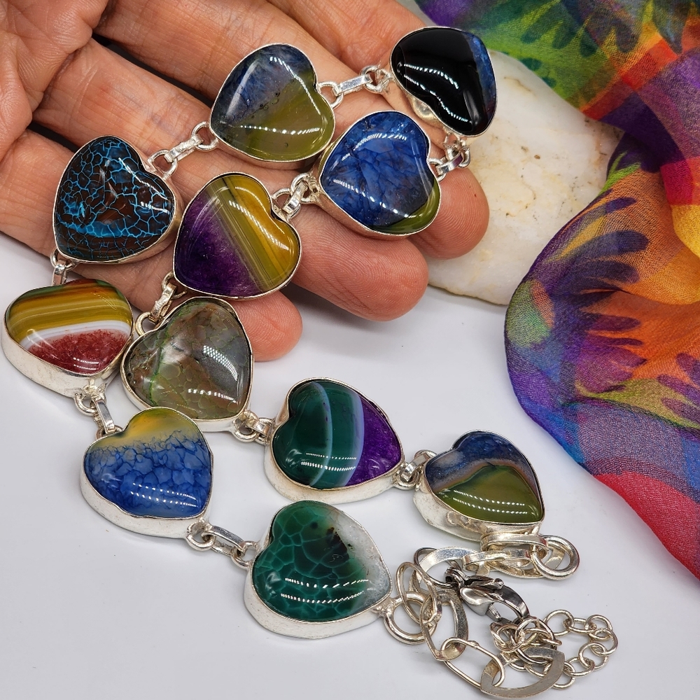 Vintage Jewelry Sterling Silver 925 Necklace Genuine Agate Stones Heart - Picture 6 of 15